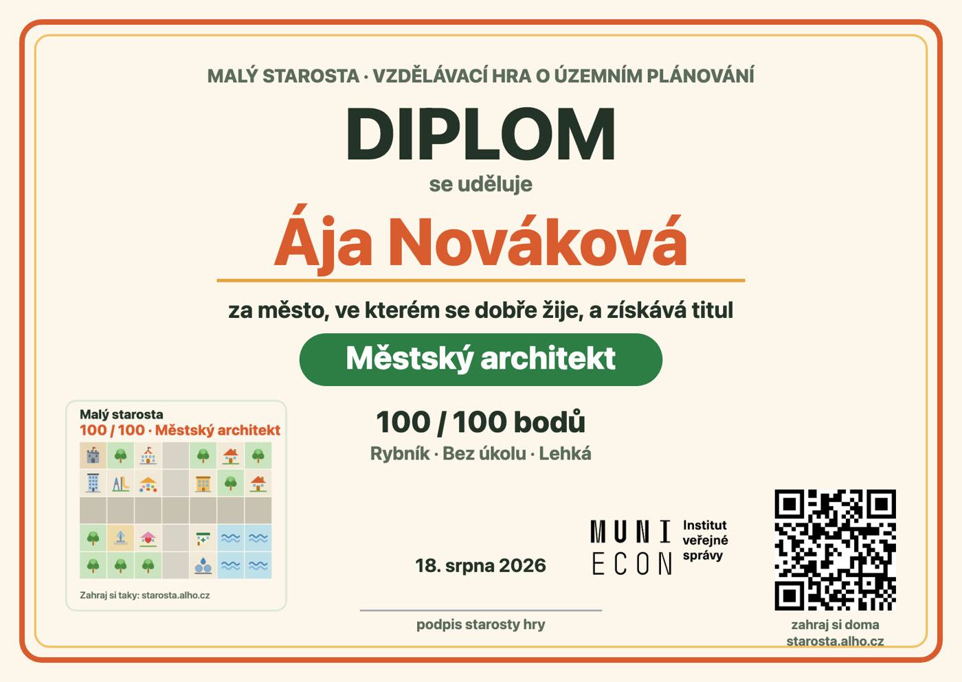 Diplom Městský architekt se jménem, mapou a QR kódem