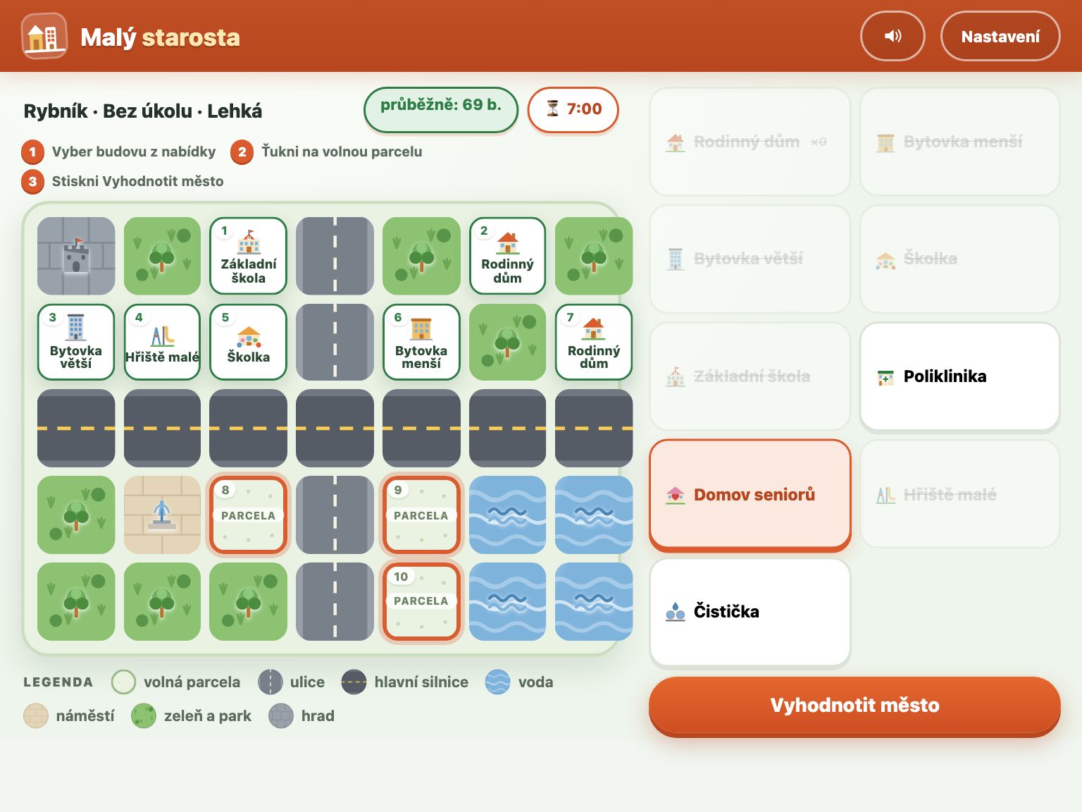 Hra na tabletu: plán města a paleta budov